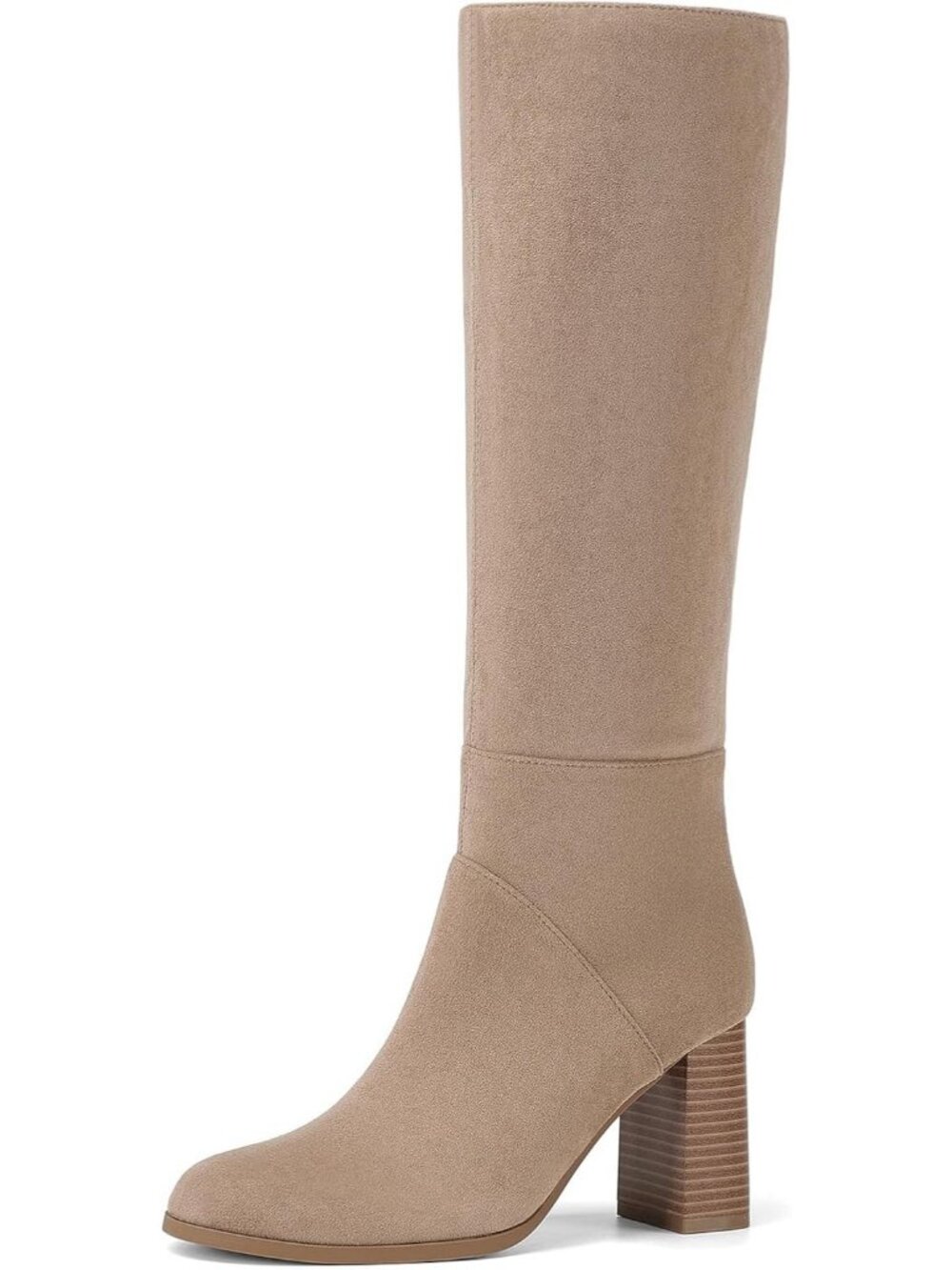 Women's Apricot Faux Suede Chunky Block Heel Fashion Round Toe Knee High Boots